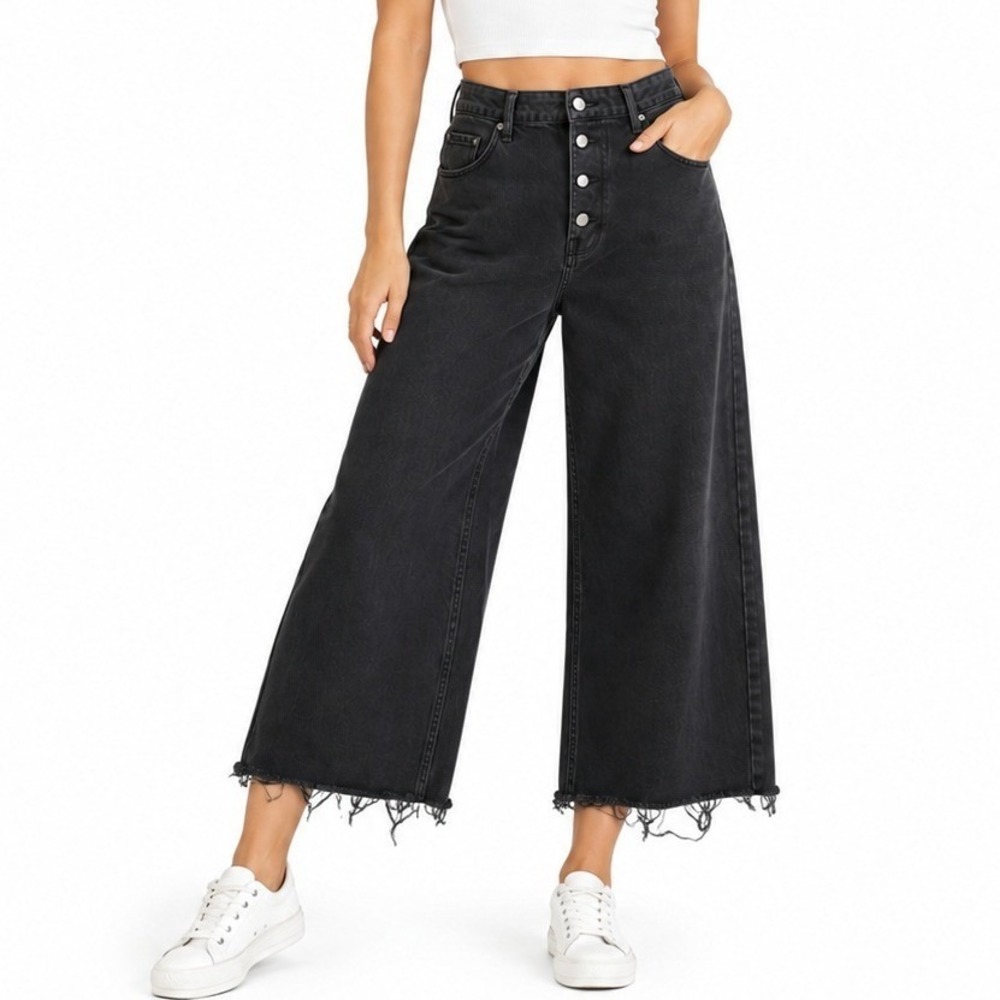 Time and Tru Jeans Womens 16 Black High Rise Wide Leg Raw Hem Button Fly Denim